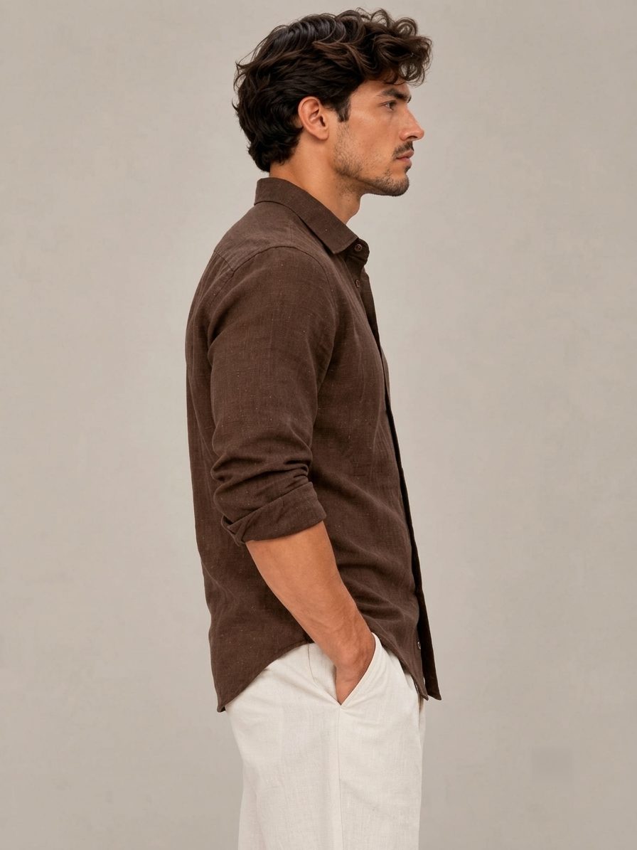 Bemount French Linen Utility Shirt, Deep Espresso in Deep Espresso, side view