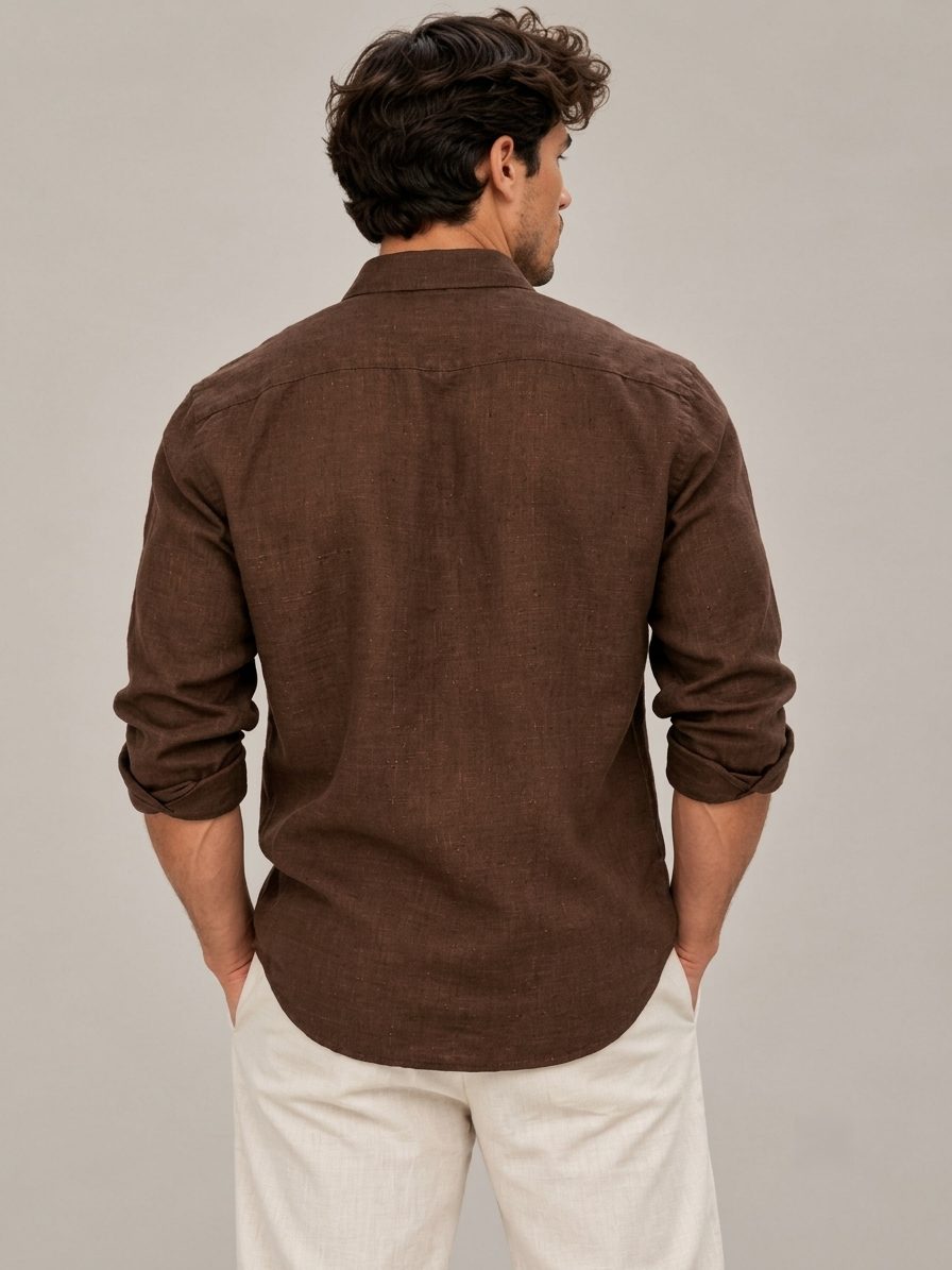 Bemount French Linen Utility Shirt, Deep Espresso in Deep Espresso, back view