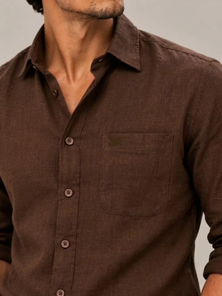 Bemount Bemount French Linen Utility Shirt, Deep Espresso in Deep Espresso, close-up of collar and pocket