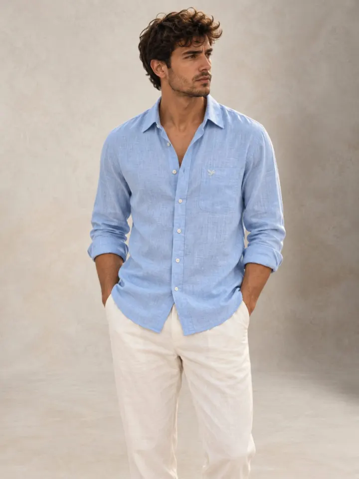 Bemount Bemount Misty Riviera Blue French Linen Shirt in Misty Blue, front view