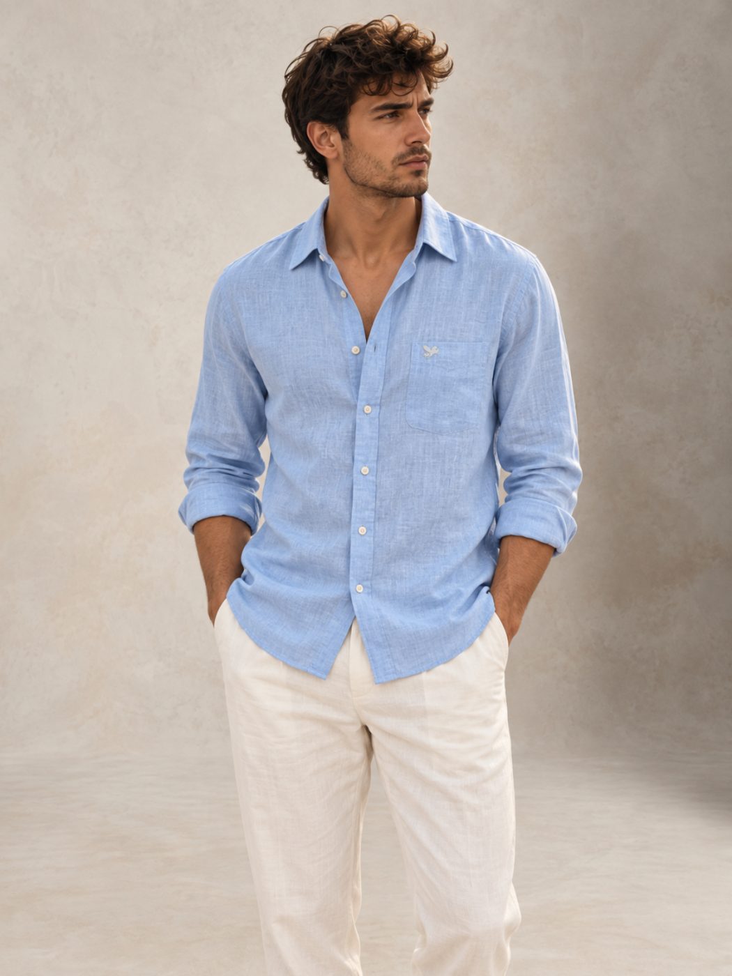 Bemount Misty Riviera Blue French Linen Shirt in Misty Blue, front view