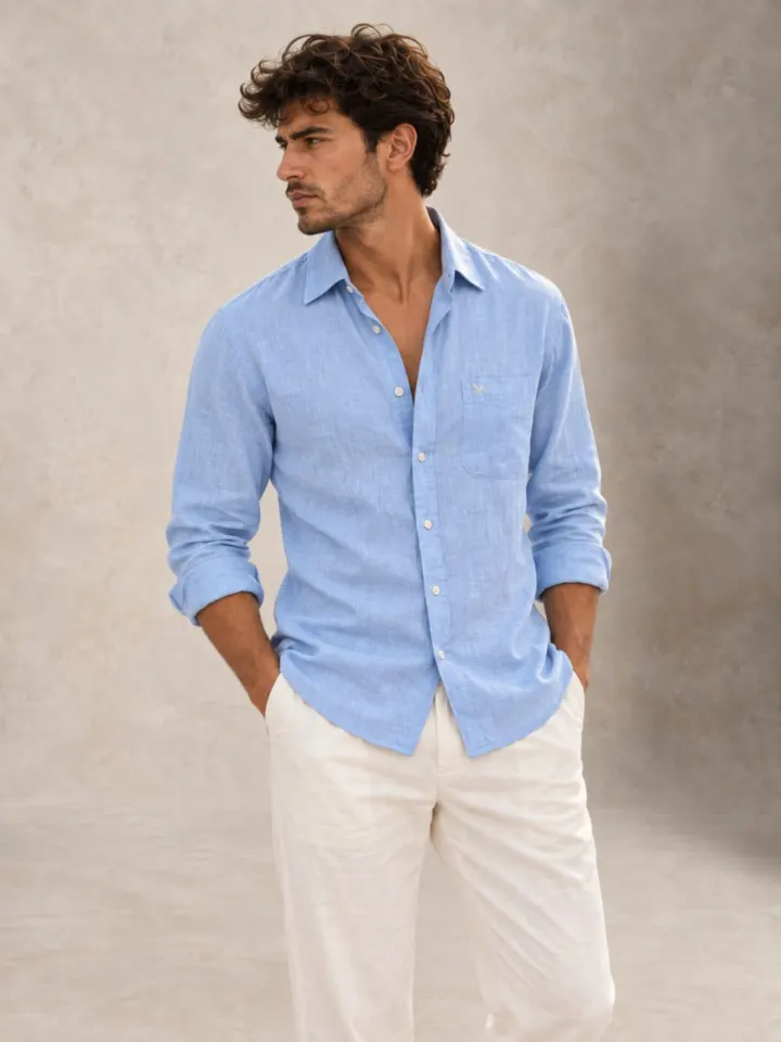 Bemount Bemount Misty Riviera Blue French Linen Shirt in Misty Blue, three-quarter view