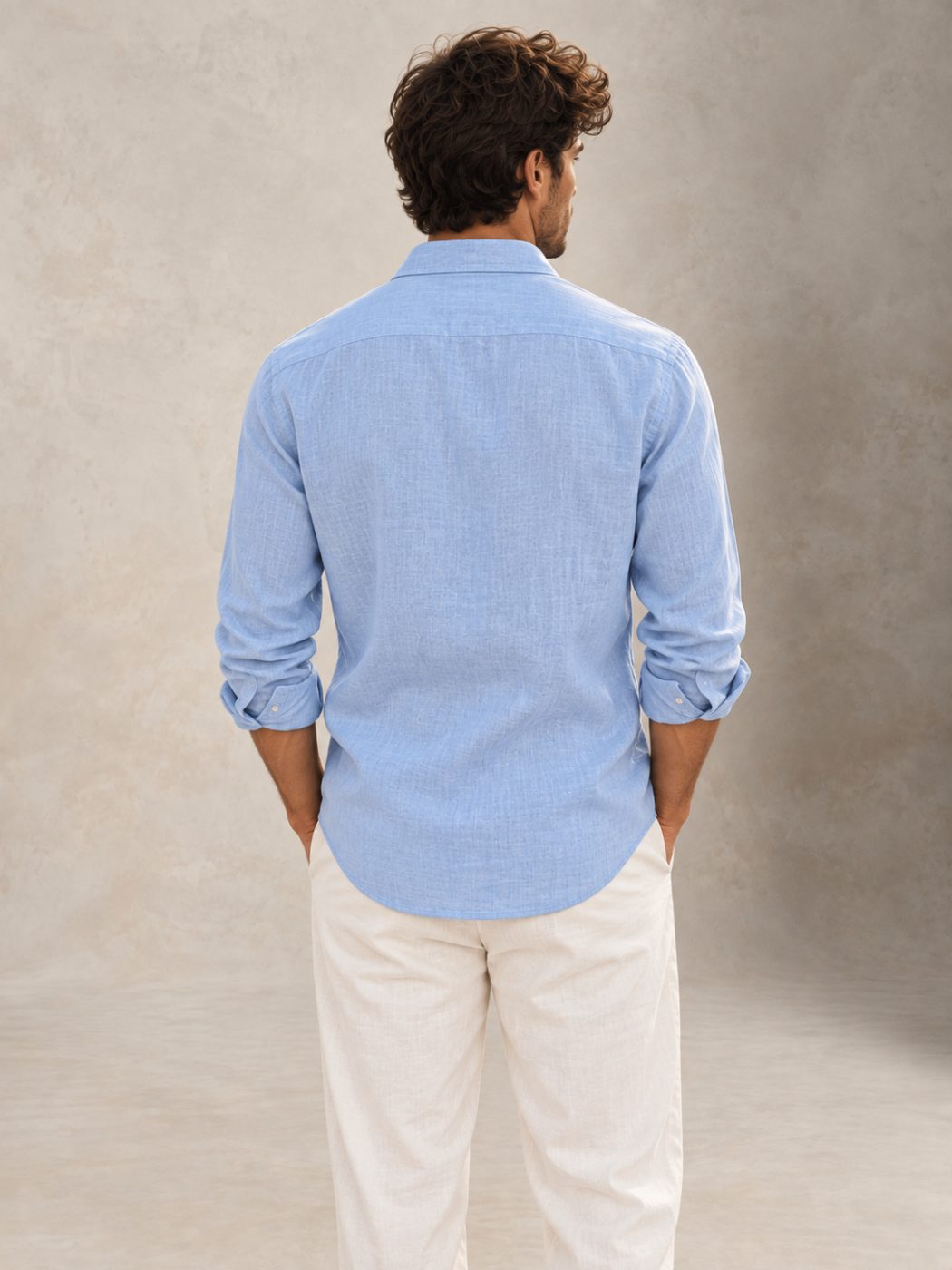 Bemount Misty Riviera Blue French Linen Shirt in Misty Blue, back view