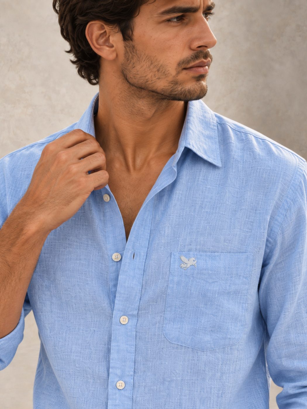 Bemount Misty Riviera Blue French Linen Shirt in Misty Blue, close-up of collar and pocket