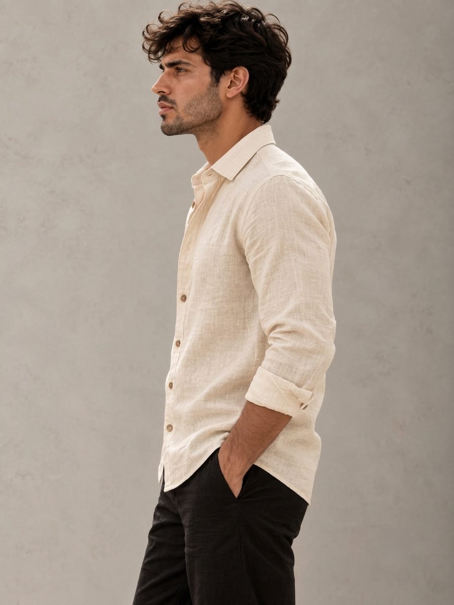 Bemount Natural Ecru French Linen Shirt in Natural Ecru, side view