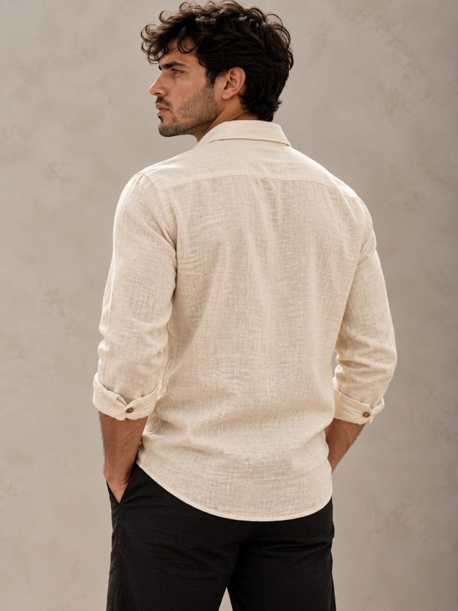 Bemount Natural Ecru French Linen Shirt in Natural Ecru, back view