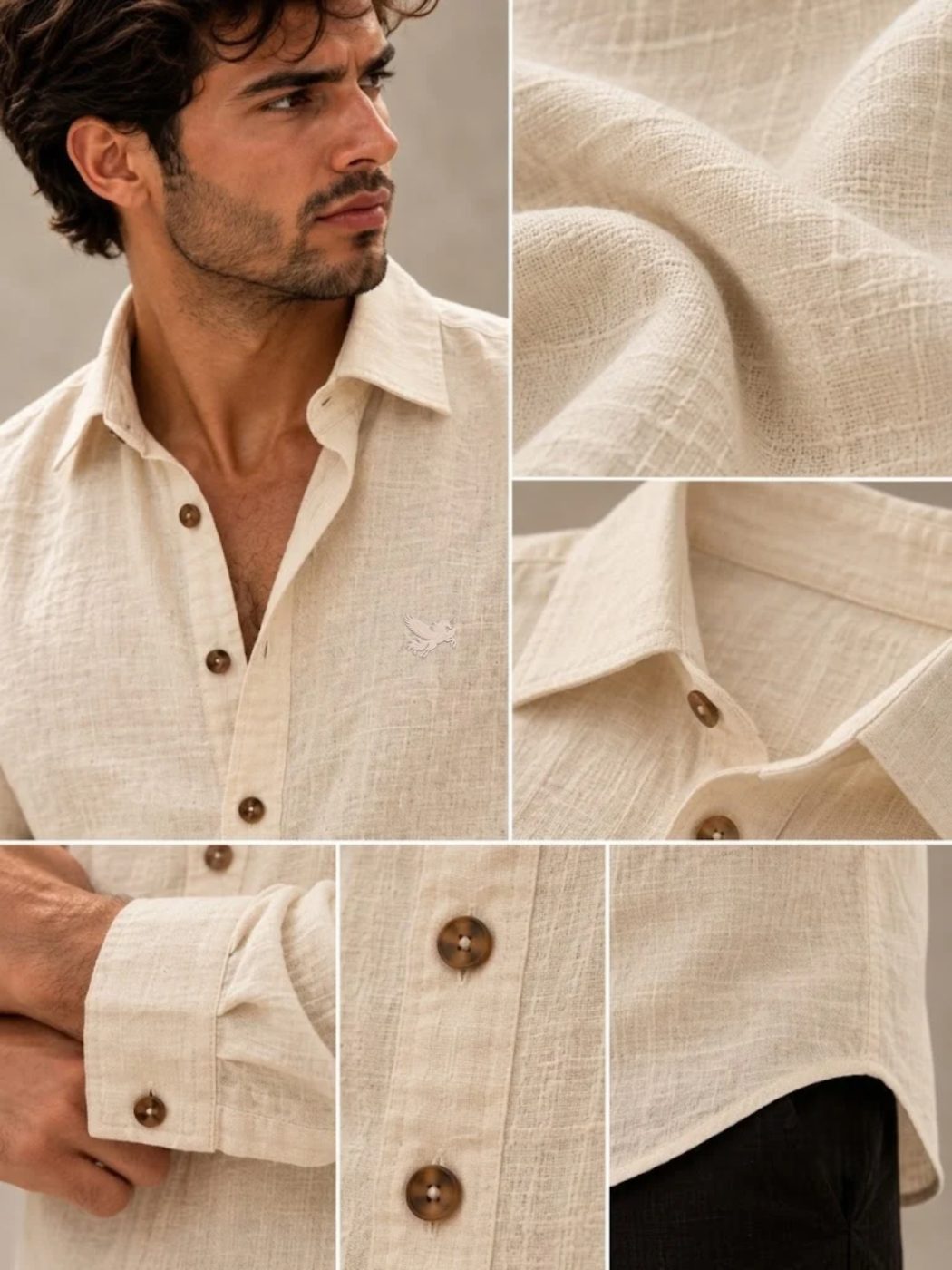 Bemount Natural Ecru French Linen Shirt in Natural Ecru, collar, button and fabric details