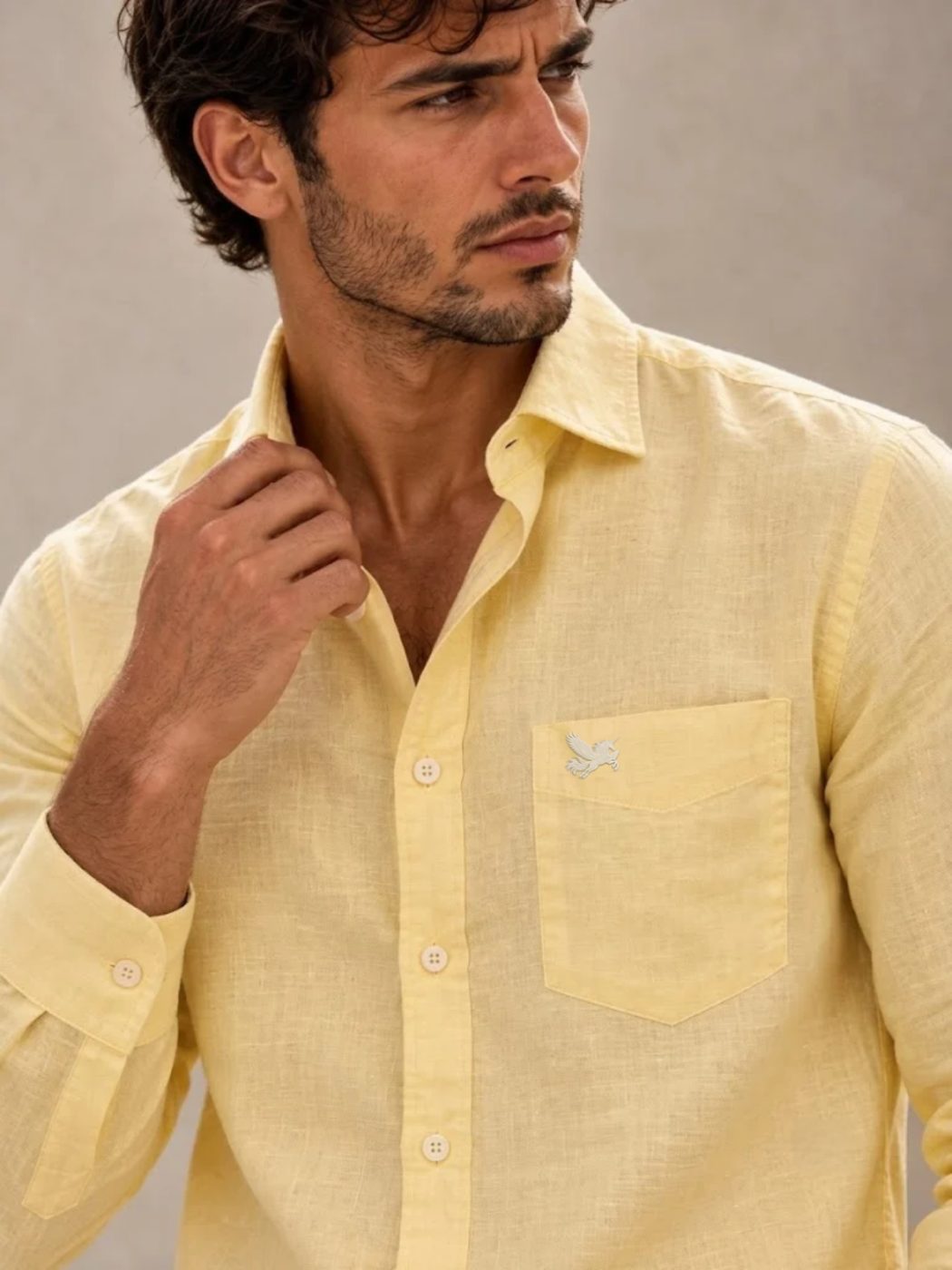 Bemount Pale Lemon French Linen Shirt in Pale Lemon, close-up of collar and pocket