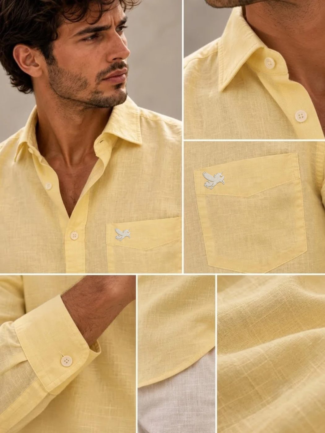 Bemount Pale Lemon French Linen Shirt in Pale Lemon, collar, pocket, cuff and fabric details