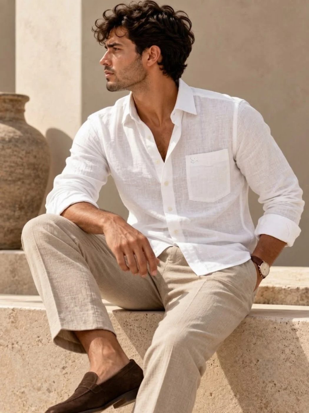 Bemount Premium White French Linen Shirt in White, seated view