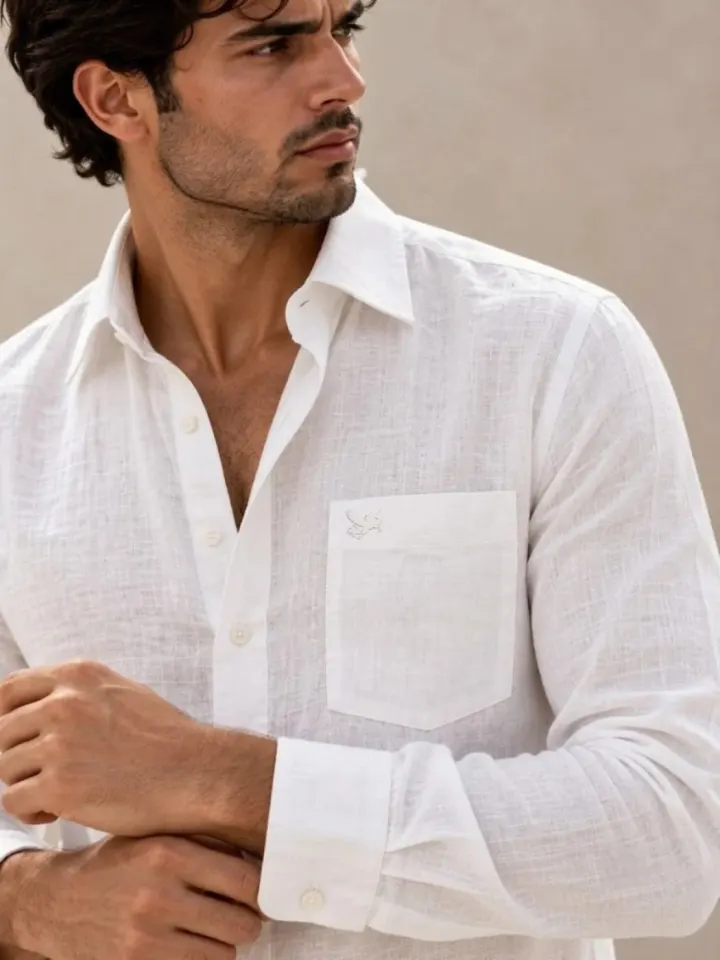 Bemount Bemount Premium White French Linen Shirt in White, close-up of collar and pocket