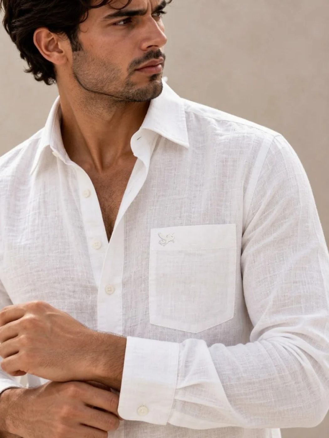 Bemount Premium White French Linen Shirt in White, close-up of collar and pocket