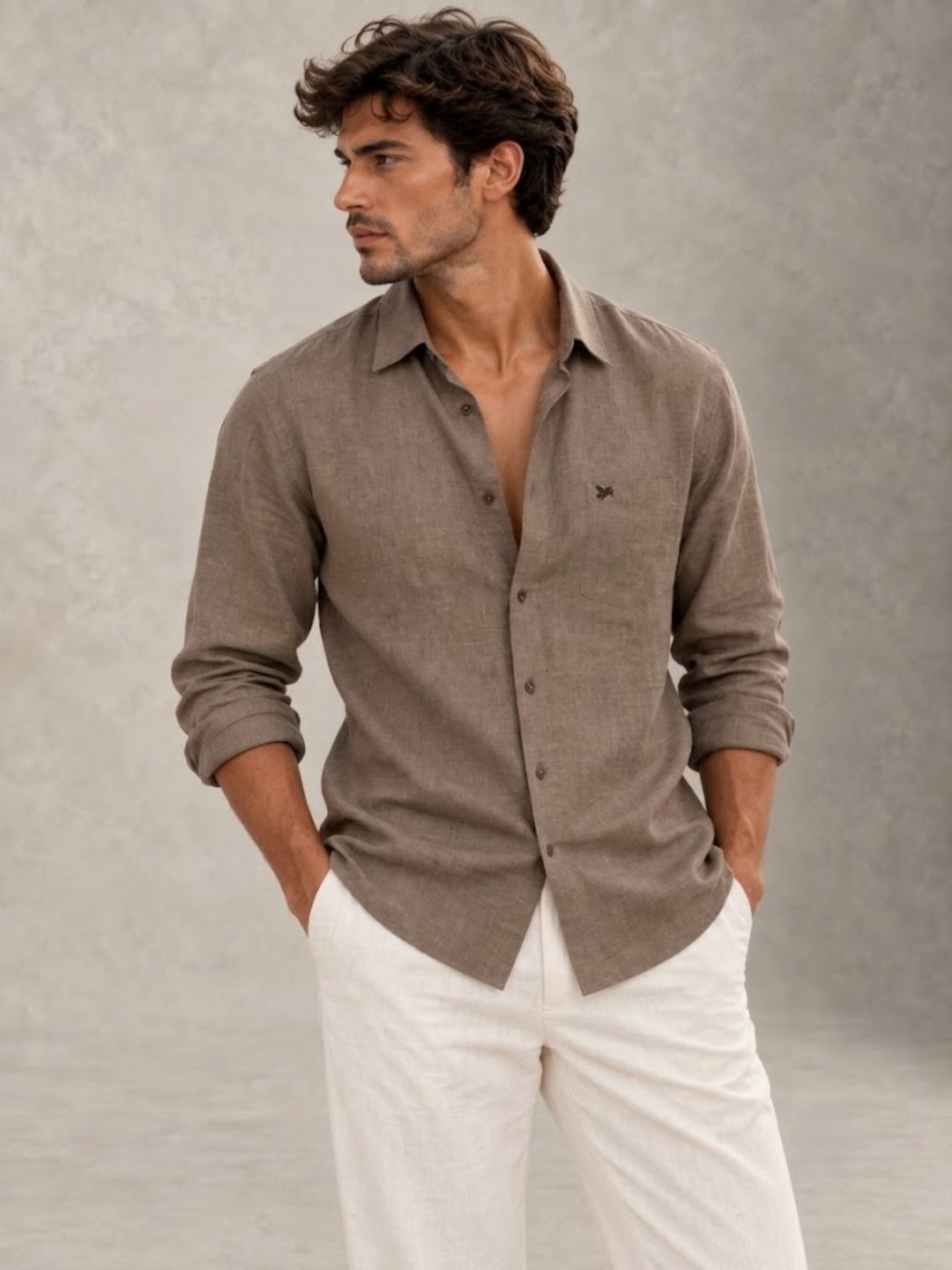 Bemount Smoked Taupe French Linen Relaxed Shirt in Smoked Taupe, front view