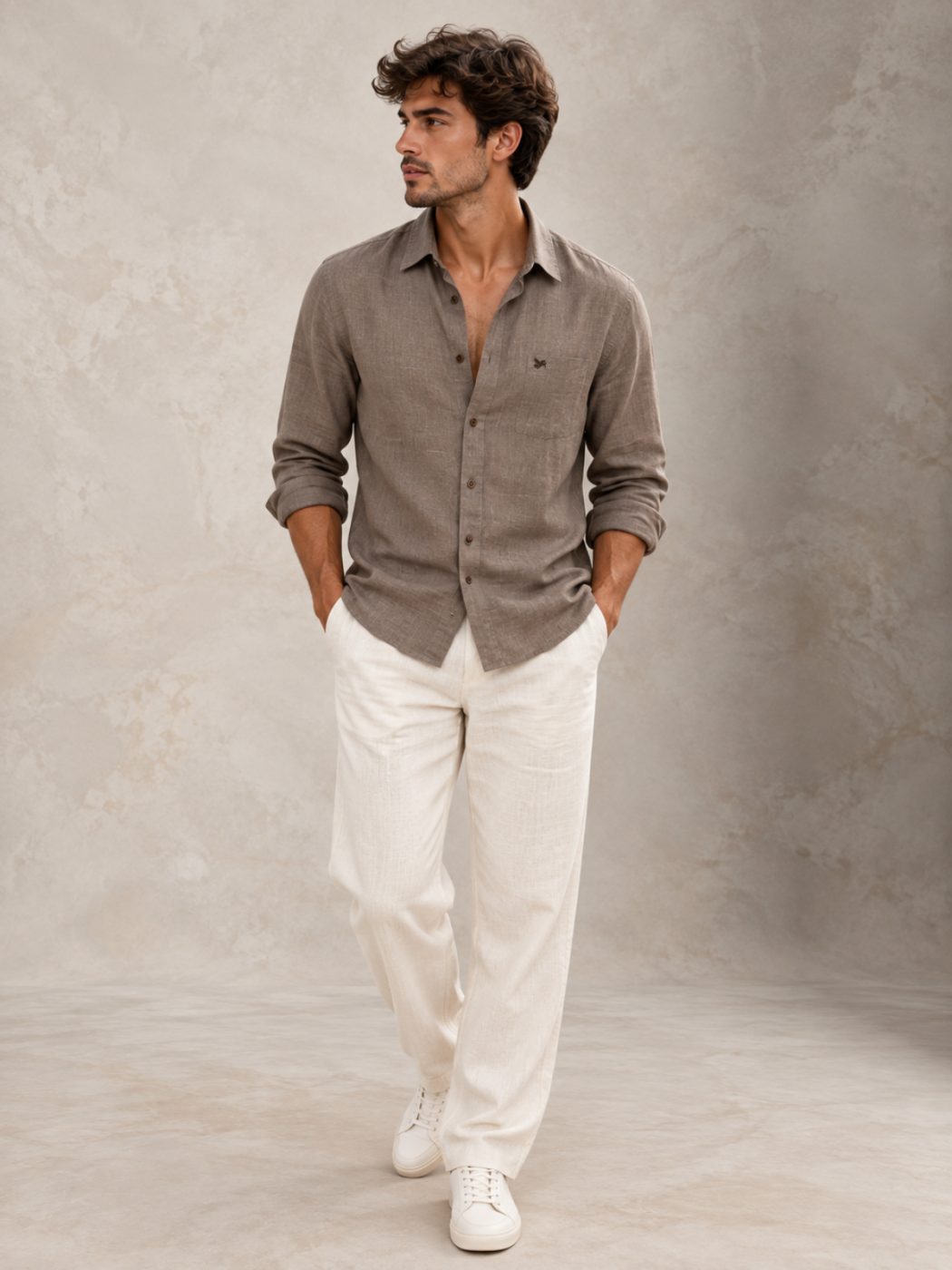 Bemount Smoked Taupe French Linen Relaxed Shirt in Smoked Taupe, walking view