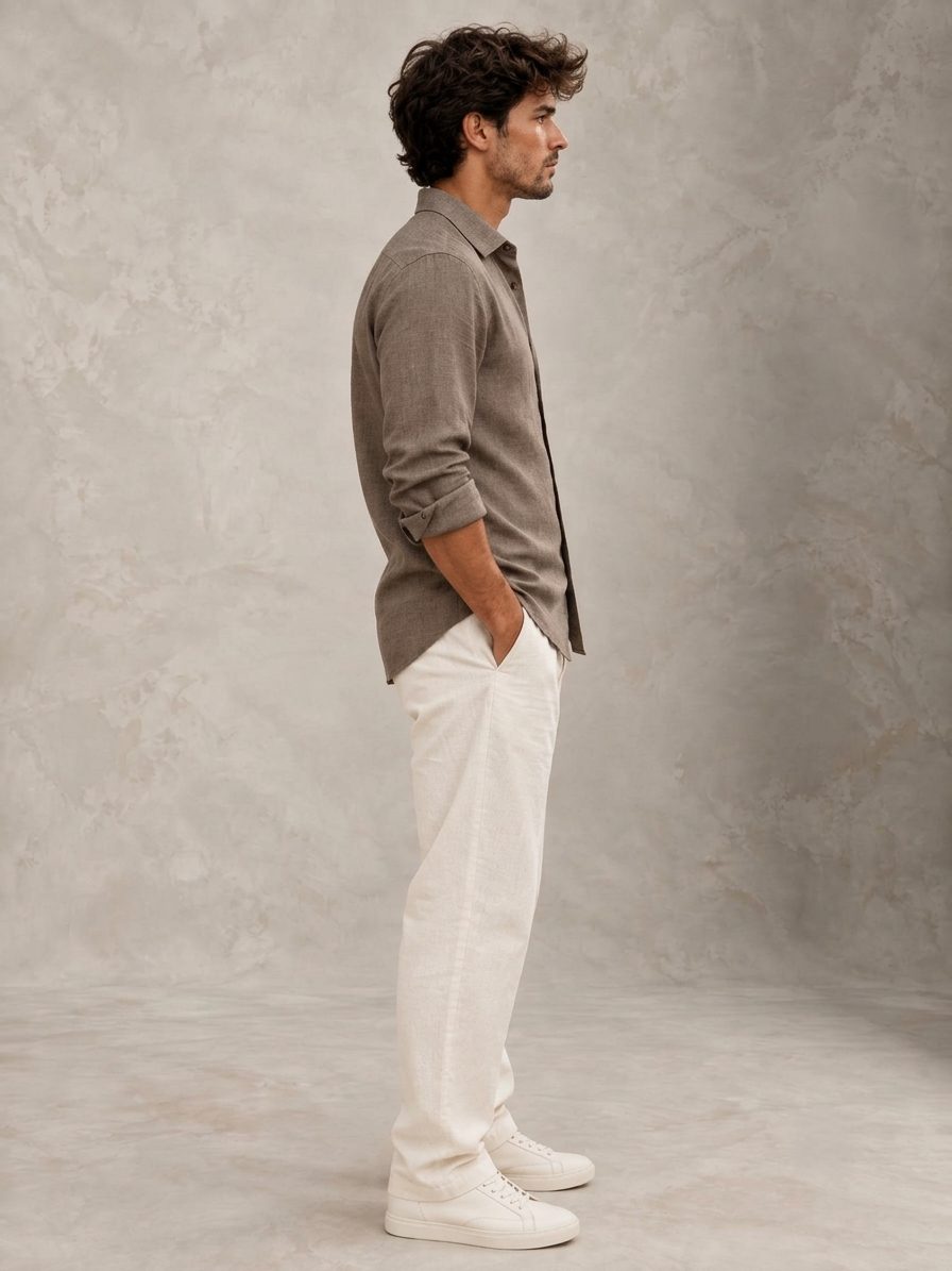Bemount Smoked Taupe French Linen Relaxed Shirt in Smoked Taupe, side view
