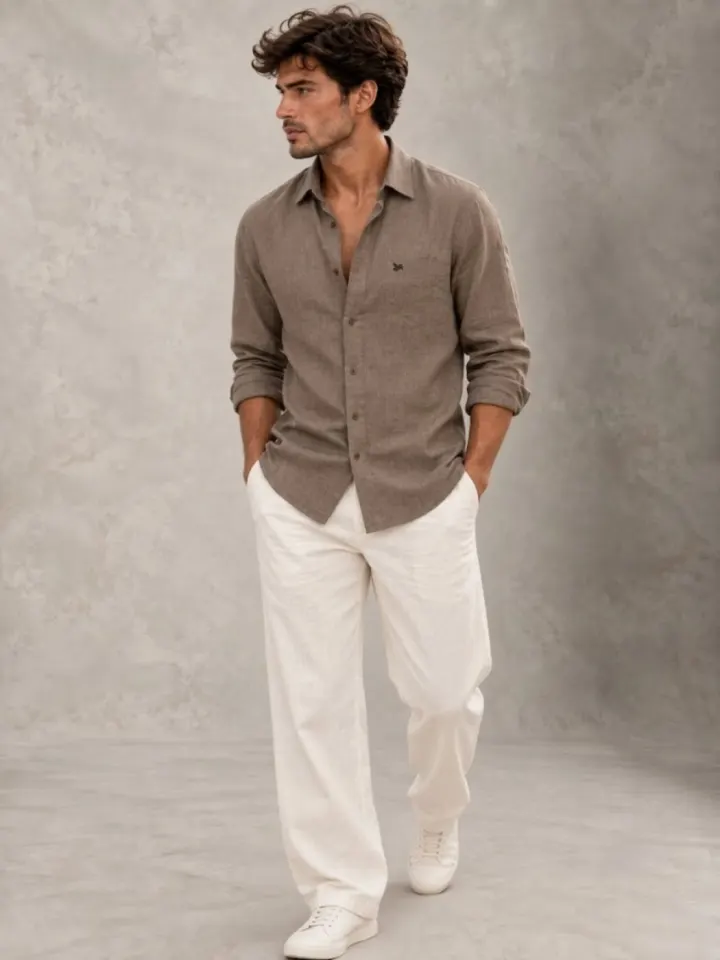 Bemount Bemount Smoked Taupe French Linen Relaxed Shirt in Smoked Taupe, front view, hands in pockets