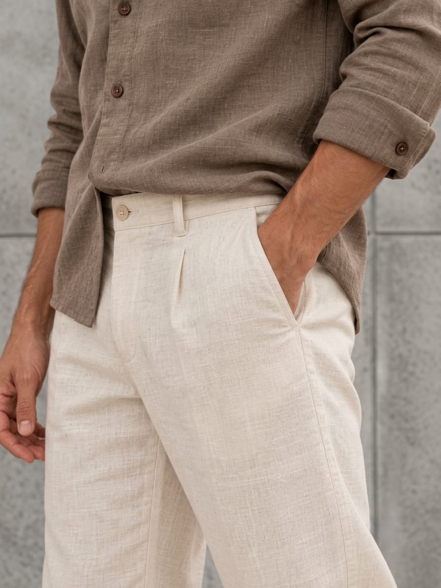 Bemount Smoked Taupe French Linen Relaxed Shirt in Smoked Taupe, cuff and hem detail