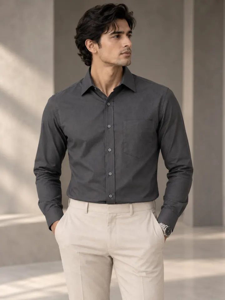 Bemount Bemount Charcoal Grey Oxford Shirt in Charcoal Grey, front view
