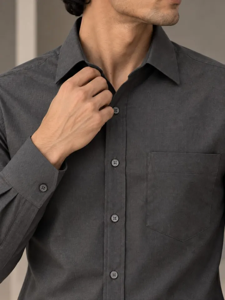 Bemount Bemount Charcoal Grey Oxford Shirt in Charcoal Grey, closeup view