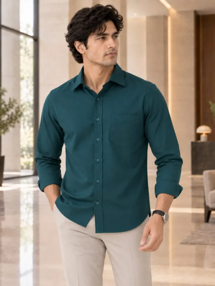 Bemount Bemount Deep Teal Oxford Shirt in Deep Teal, worn untucked