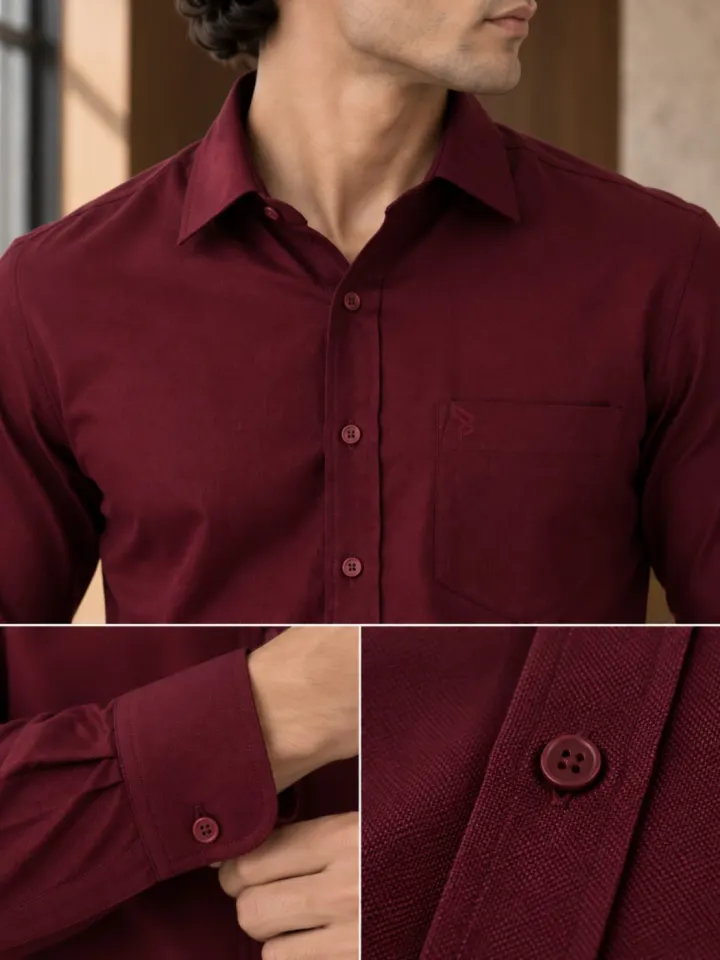 Bemount Bemount Deep Wine Oxford Shirt in Deep Wine, fabric and detail close-ups