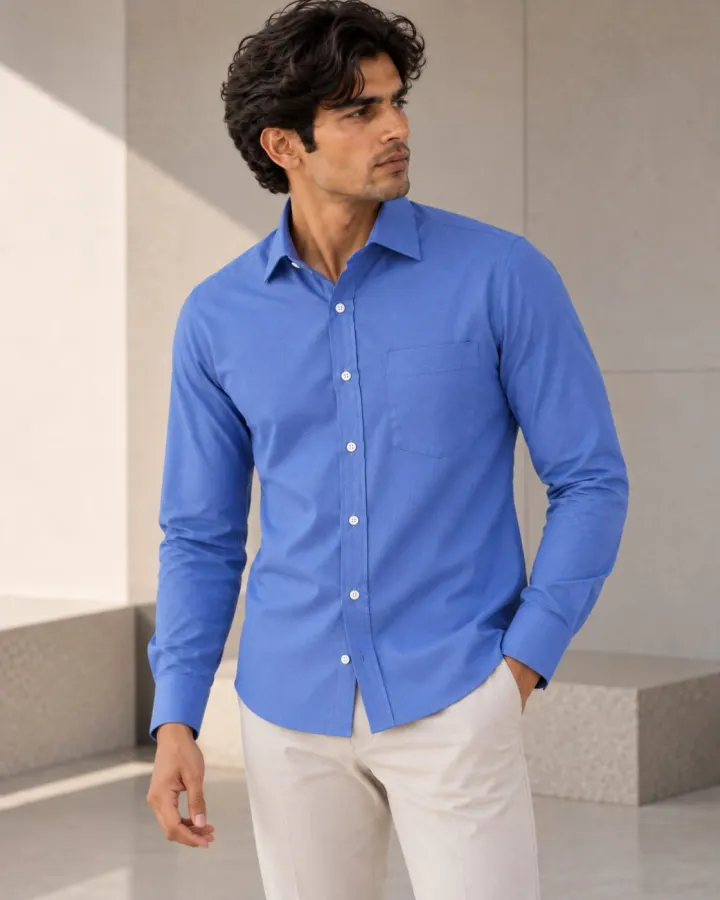 Bemount Bemount French Blue Oxford Shirt in French Blue, worn tucked out