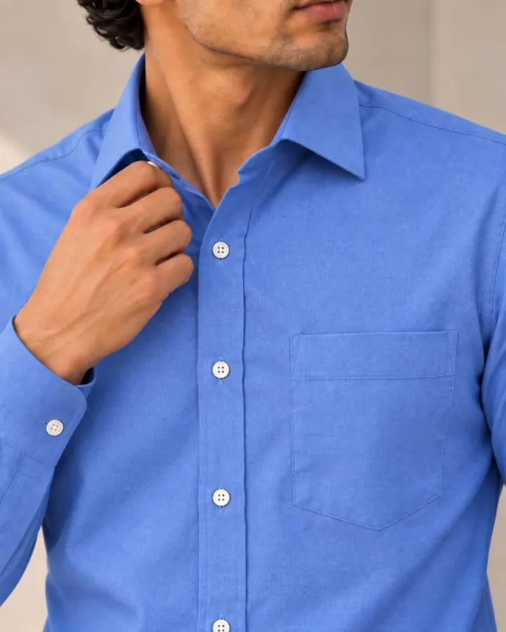 Bemount Bemount French Blue Oxford Shirt in French Blue, closeup view
