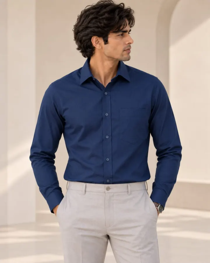 Bemount Bemount Navy Blue Oxford Shirt in Navy Blue, front view