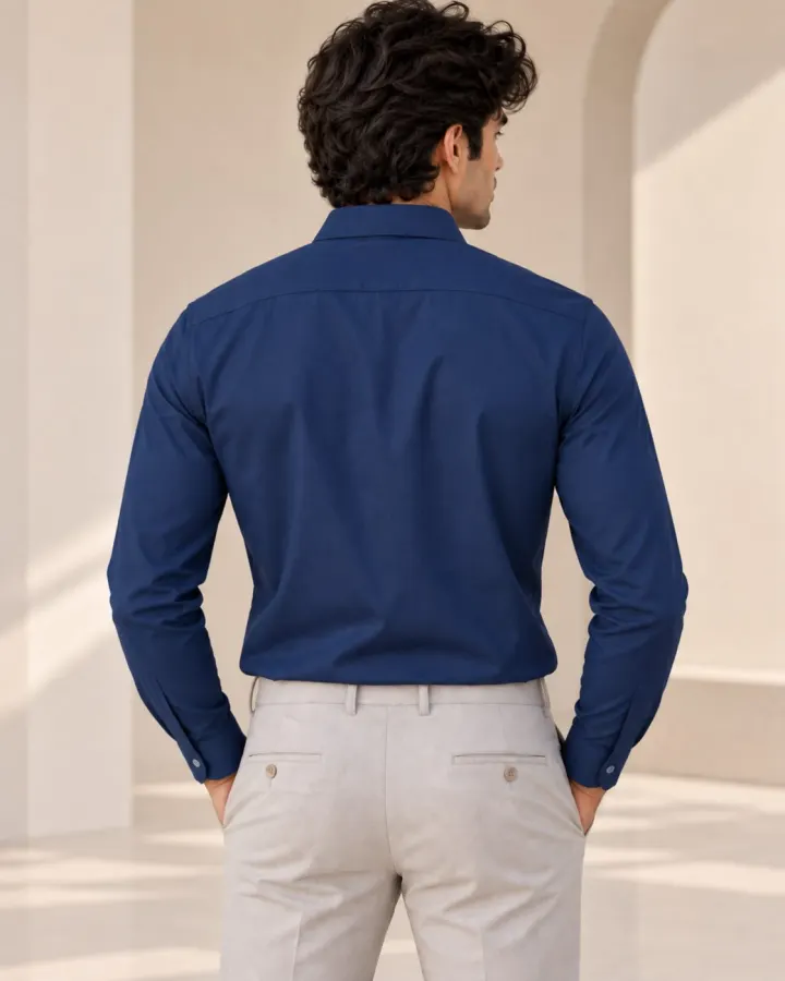 Bemount Bemount Navy Blue Oxford Shirt in Navy Blue, back view