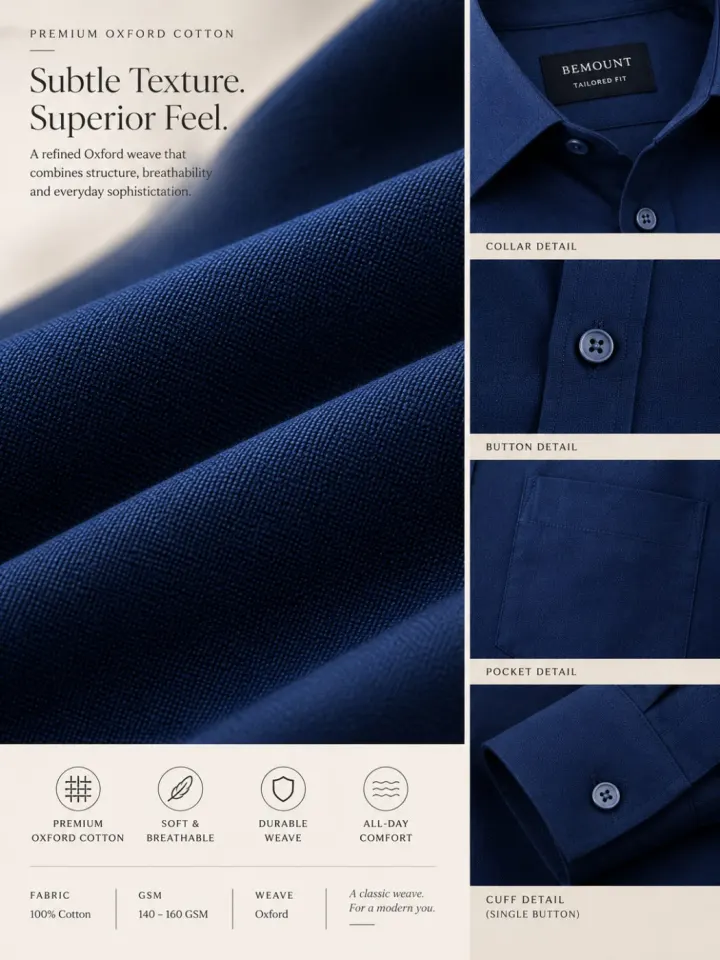 Bemount Bemount Navy Blue Oxford Shirt in Navy Blue, fabric and detail close-ups