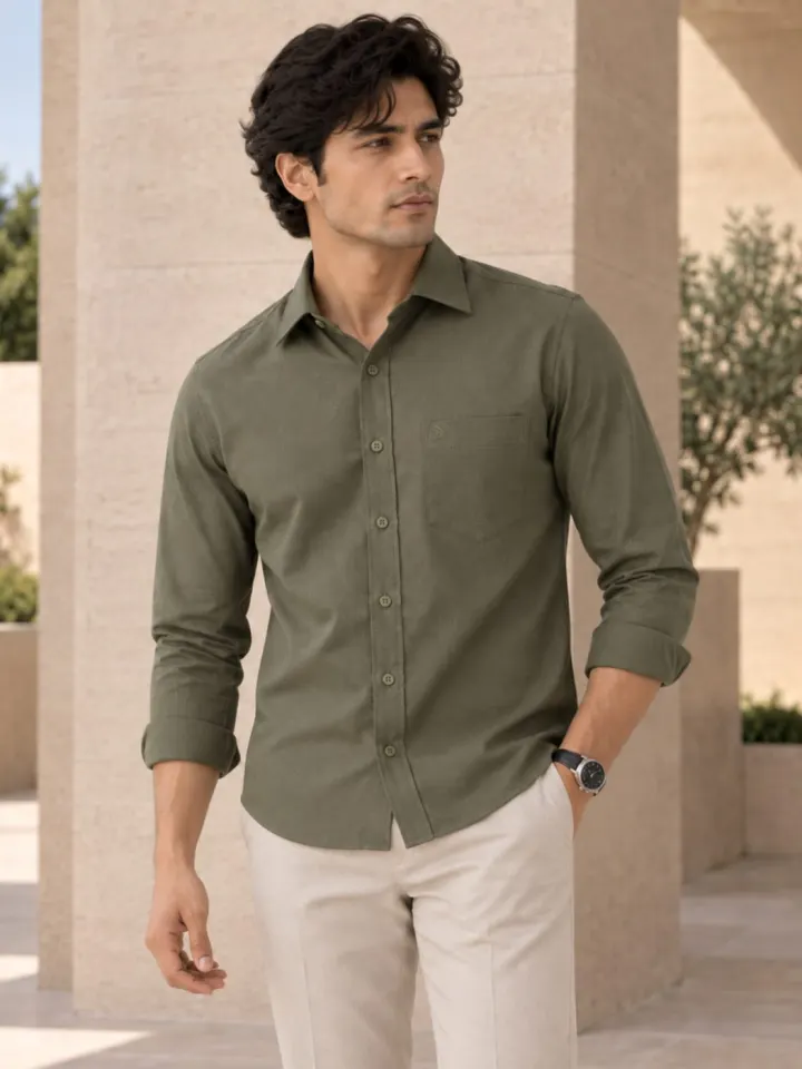 Bemount Bemount Olive Green Oxford Shirt in Olive Green, worn untucked