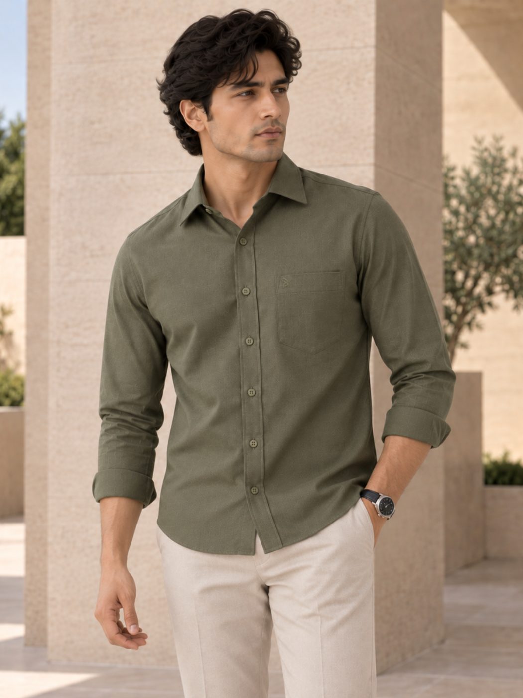 Bemount Bemount Olive Green Oxford Shirt in Olive Green, worn untucked