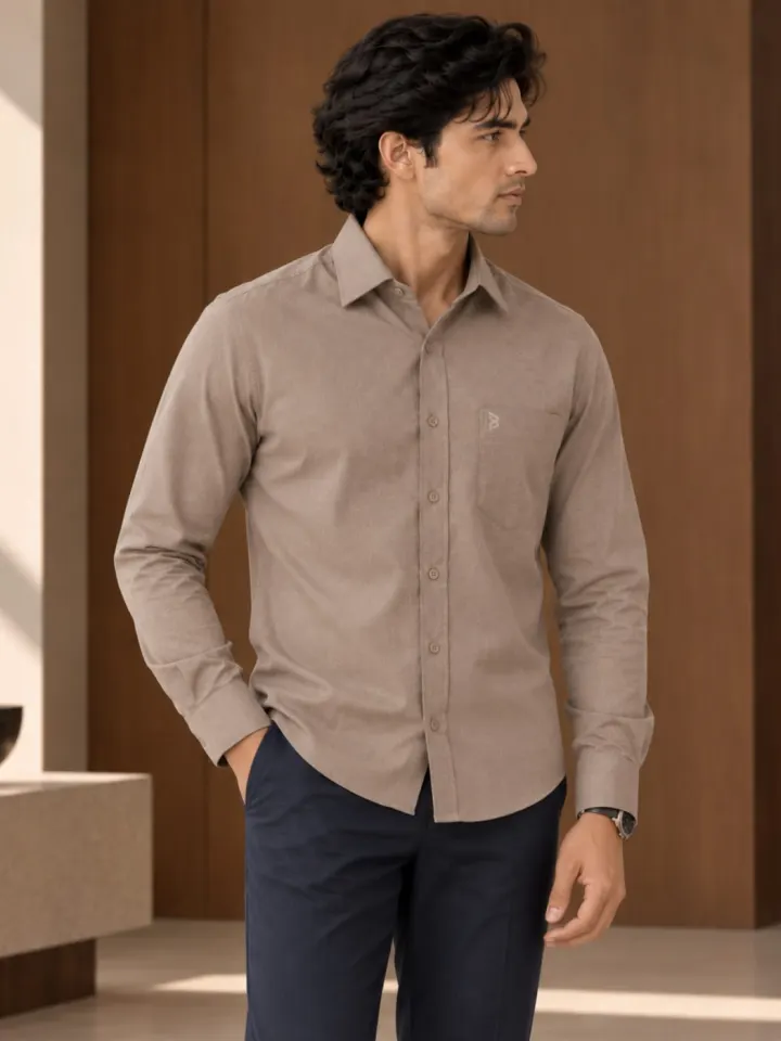 Bemount Bemount Taupe Oxford Shirt in Taupe, worn tucked out
