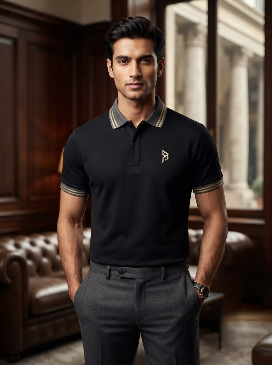 Black Striped Collar Polo
