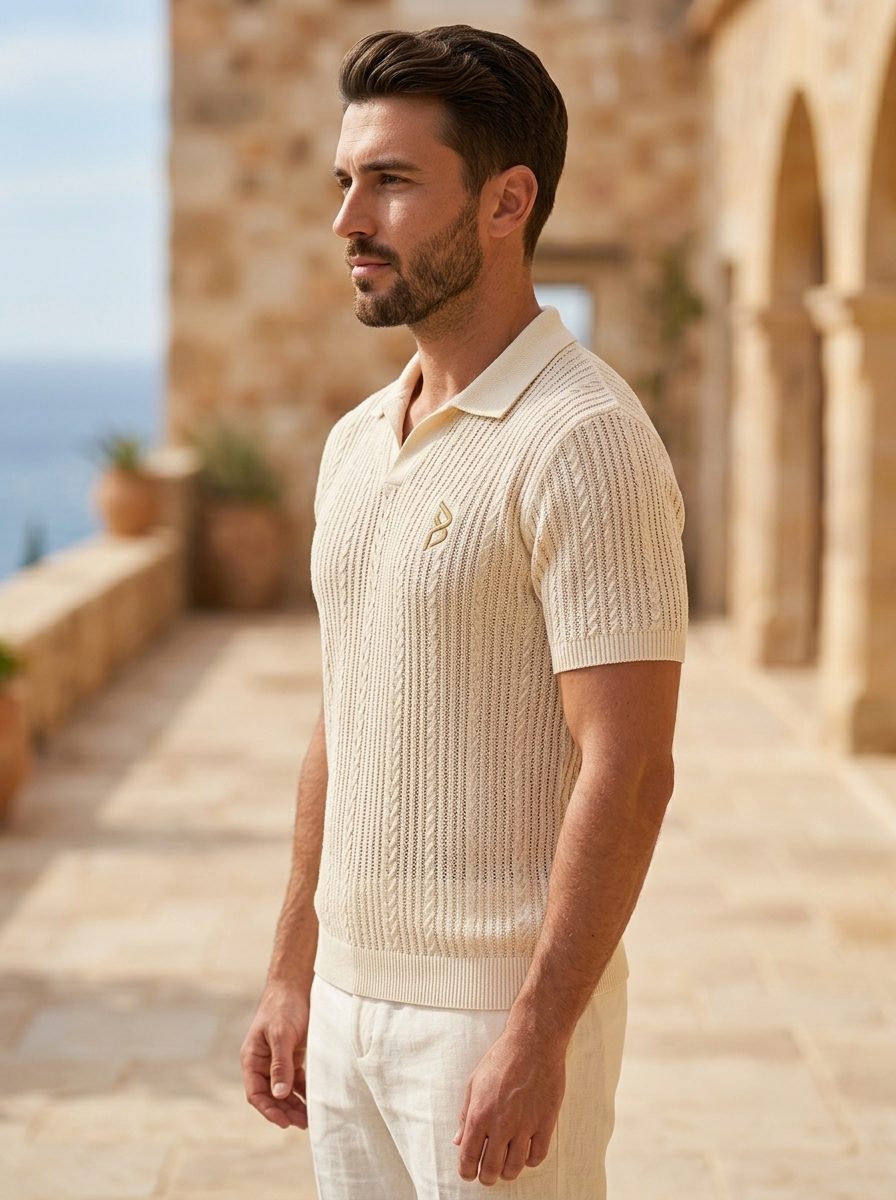 Cable-Knit Open-Collar Polo