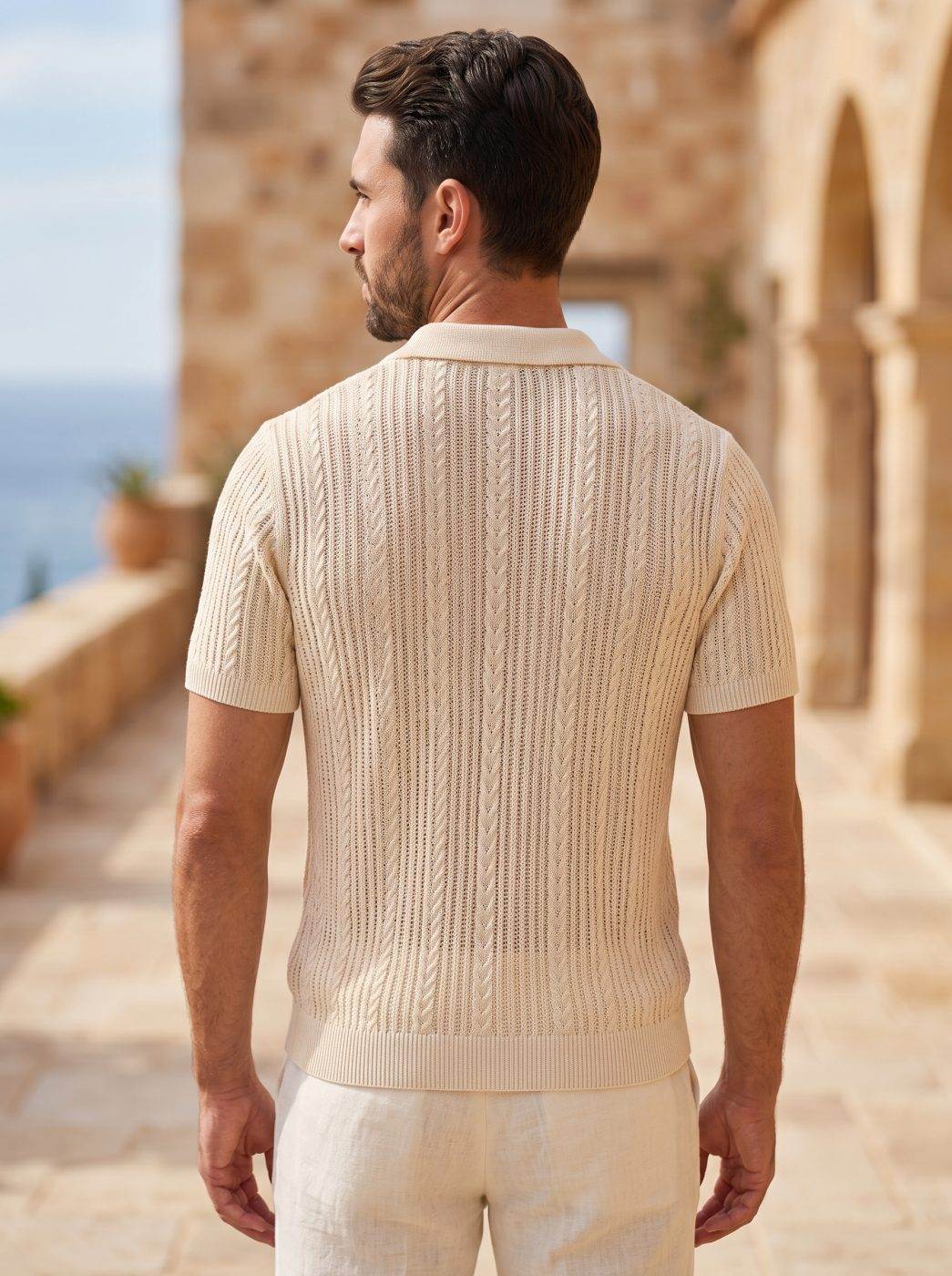 Cable-Knit Open-Collar Polo