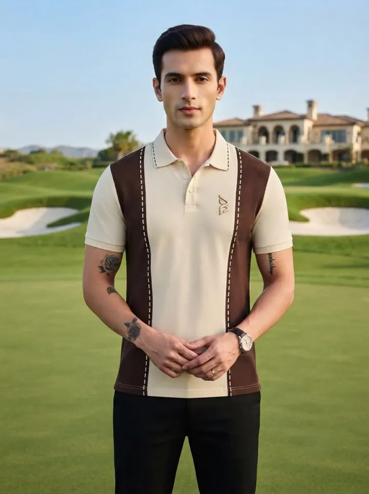 Bemount Cream & Brown Diagonal Panel Polo