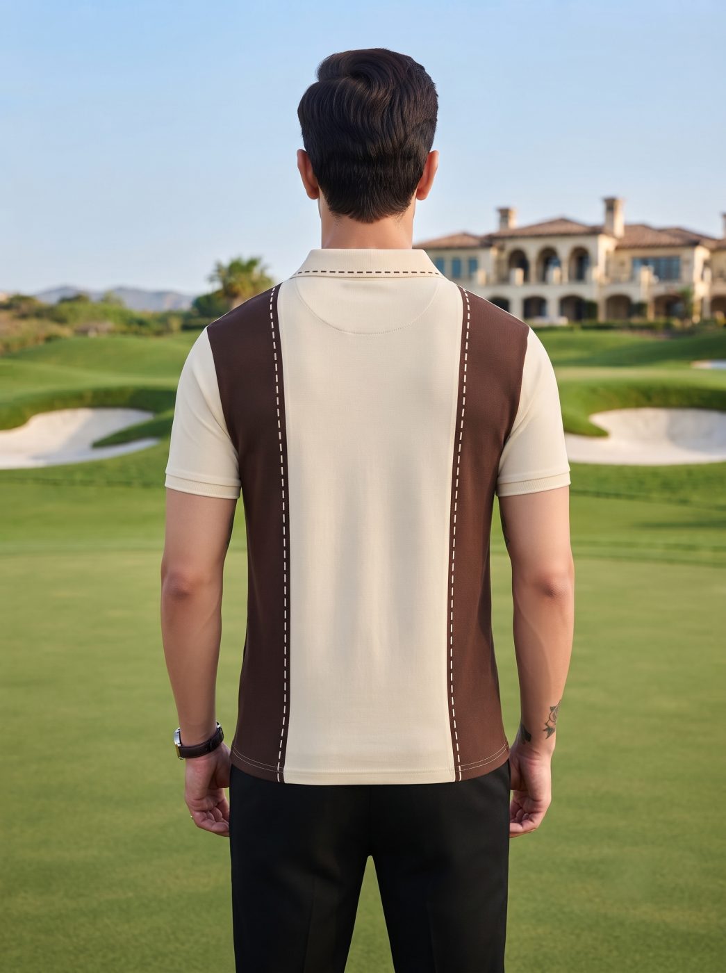 Cream & Brown Diagonal Panel Polo