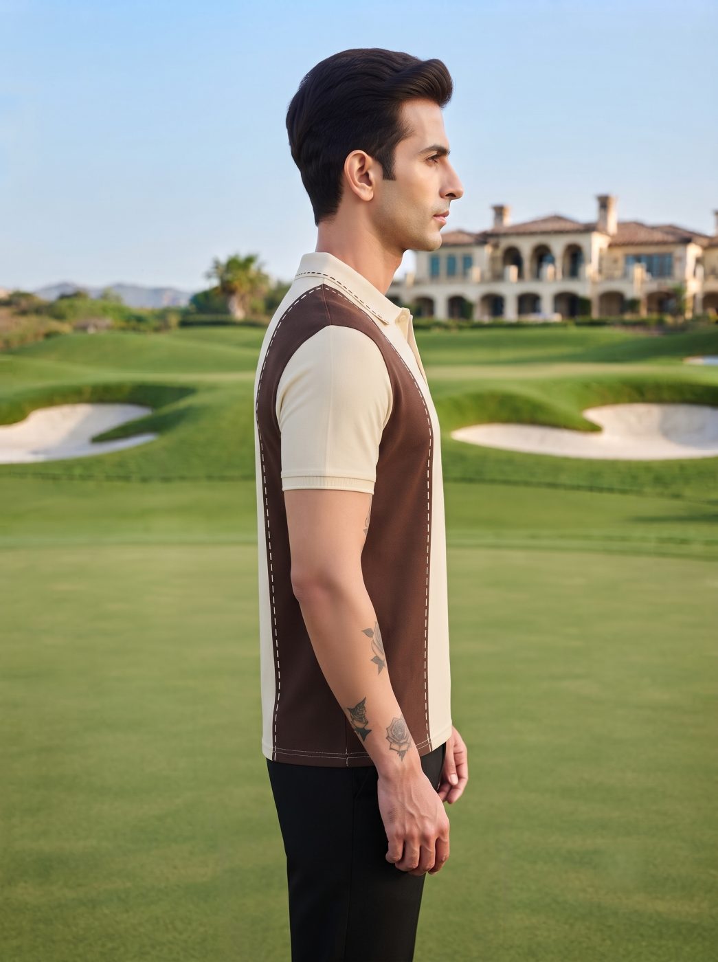 Cream & Brown Diagonal Panel Polo