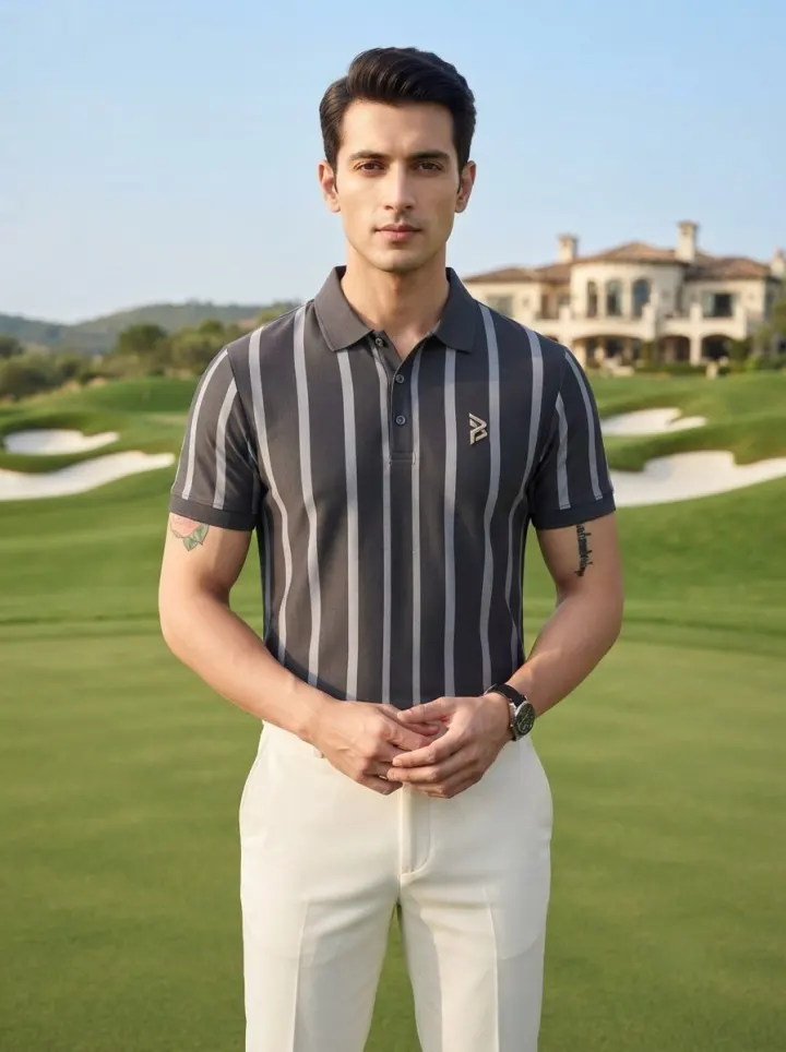 Bemount Grey Tonal Pinstripe Polo