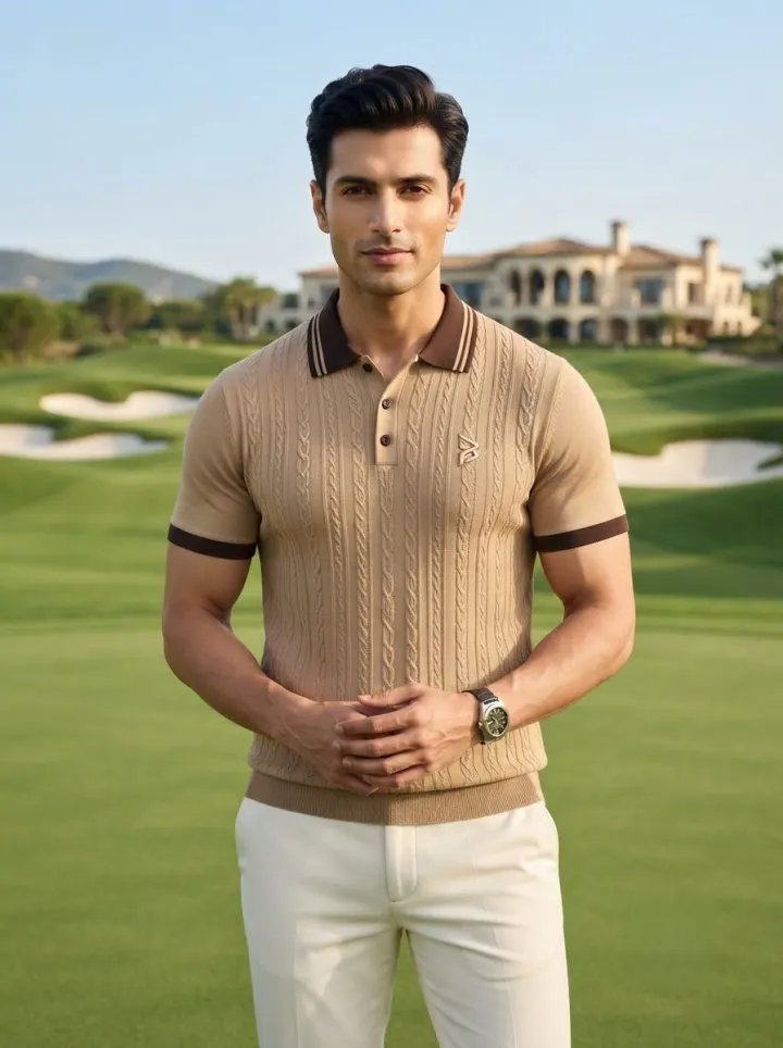 Bemount Tan Cable-Knit Polo