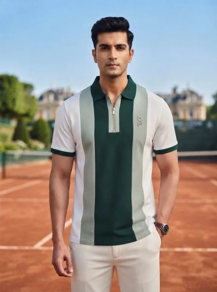 Bemount Zip-Placket Colorblock Polo
