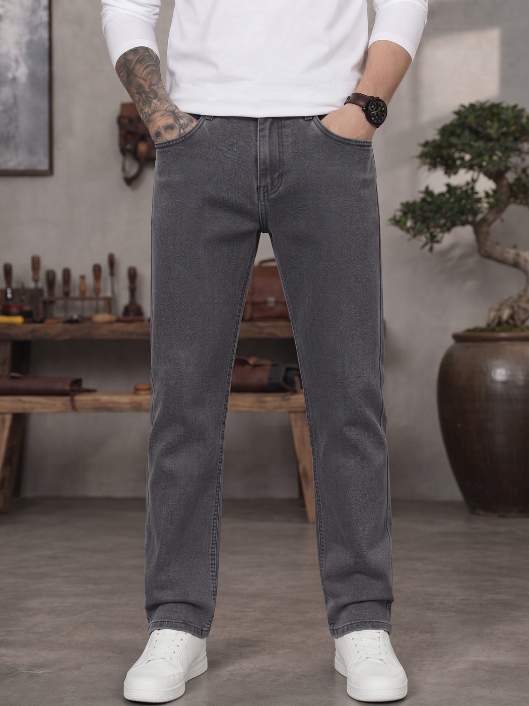 Bemount Bemount Washed Charcoal Grey Regular Jeans in Washed Charcoal Grey, front view