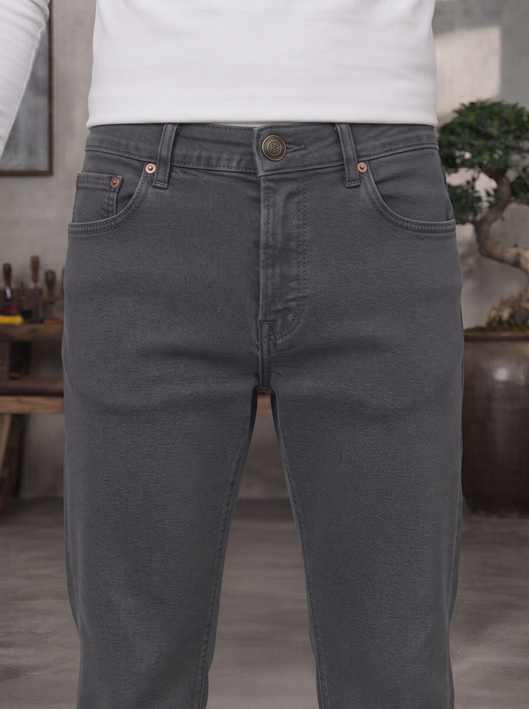 Bemount Bemount Washed Charcoal Grey Regular Jeans in Washed Charcoal Grey, waist closeup view