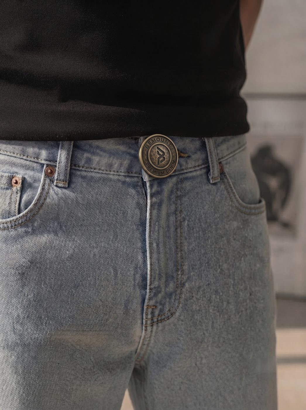 Bemount Bemount 90s Vintage Light Blue Straight Jeans in Vintage Light Blue, waist view