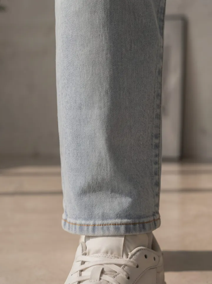 Bemount Bemount 90s Vintage Light Blue Straight Jeans in Vintage Light Blue, hem view