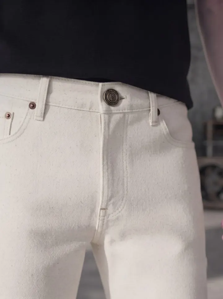 Bemount Bemount Minimalist Ecru Straight Jeans in Ecru, waist closeup view