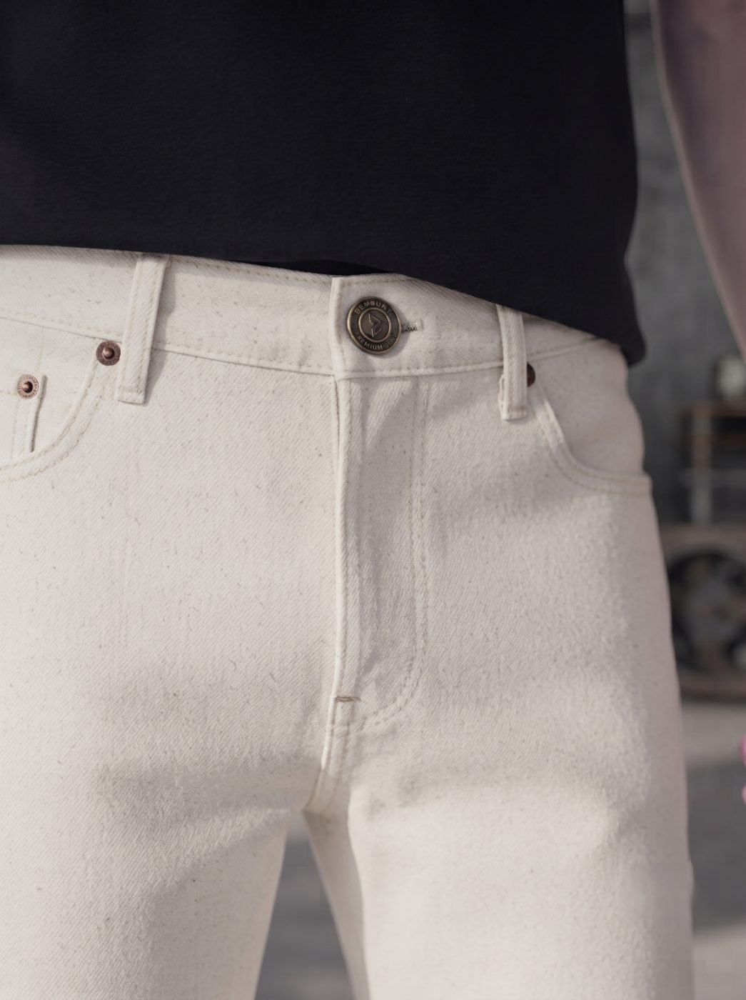 Bemount Bemount Minimalist Ecru Straight Jeans in Ecru, waist closeup view