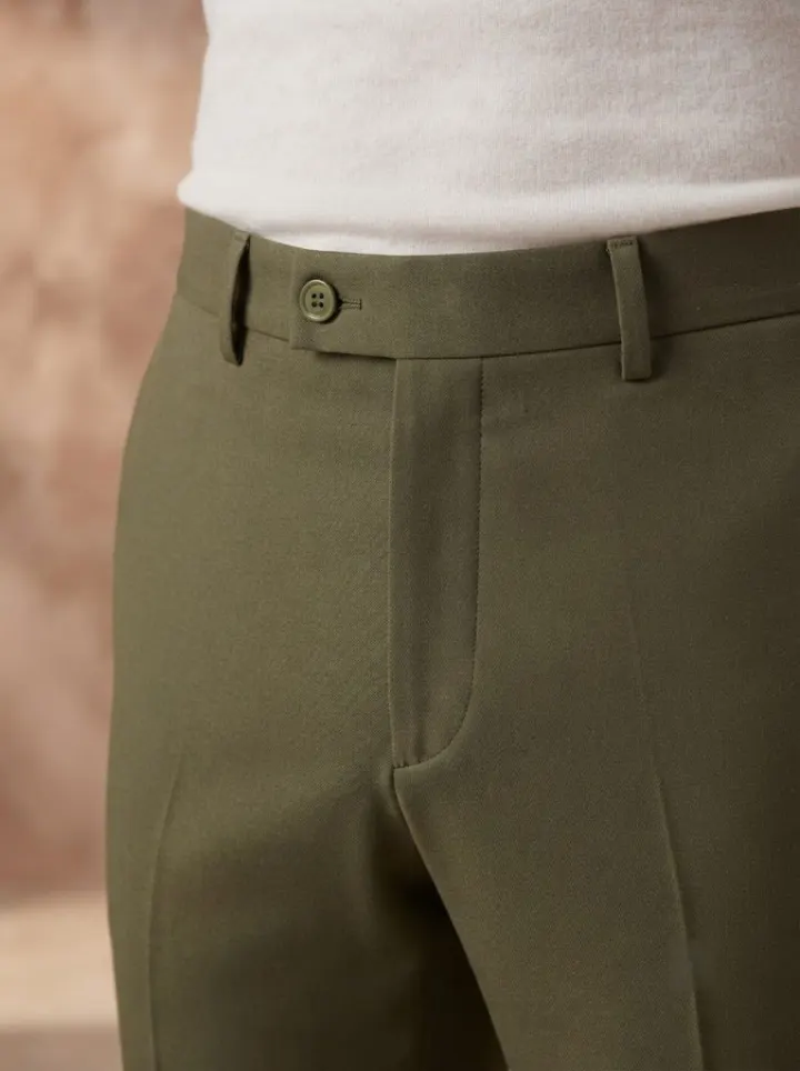 Bemount Statement Olive Tailored Trouser, waist closeup